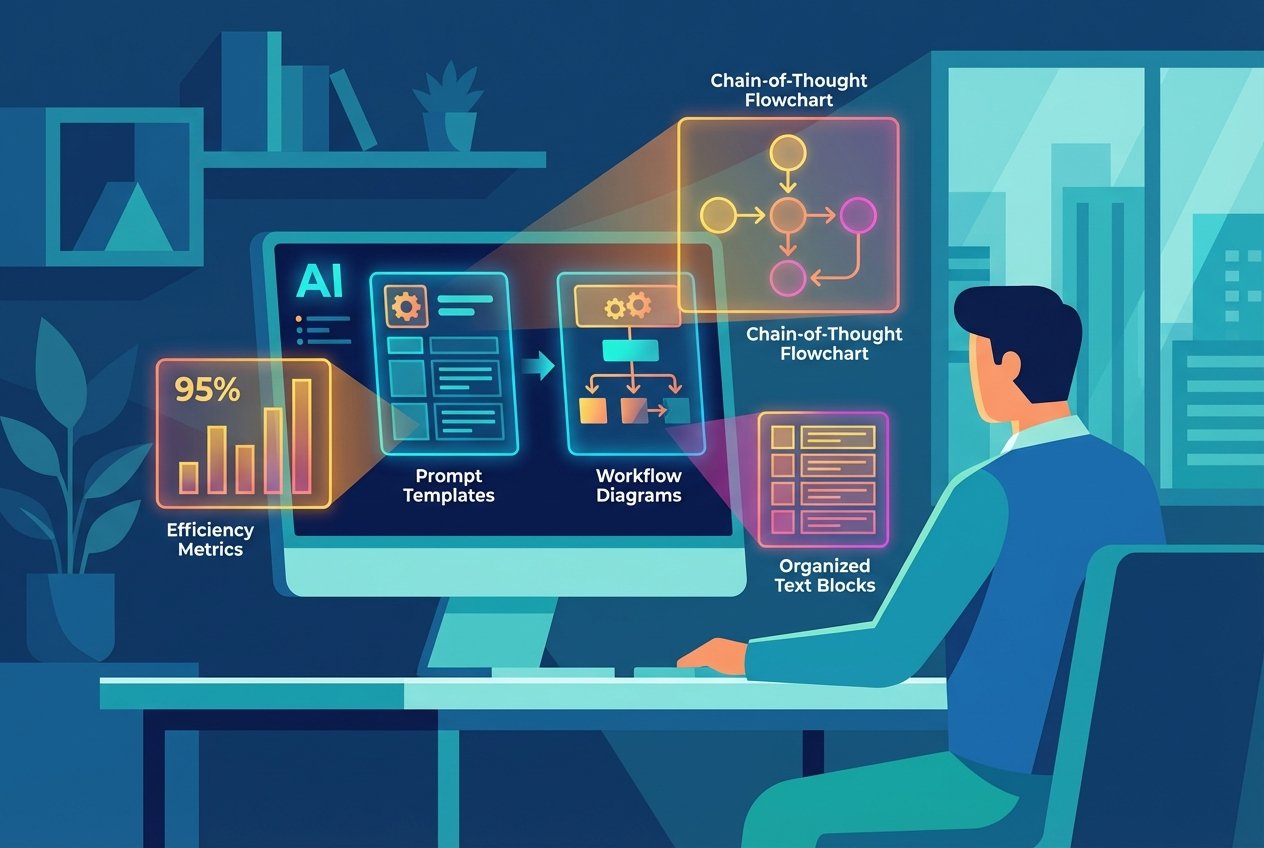 A professional at a modern desk engaging with a large monitor displaying structured AI prompt templates, holographic efficiency metrics, and chain-of-thought flowcharts in a blue and teal colour scheme.