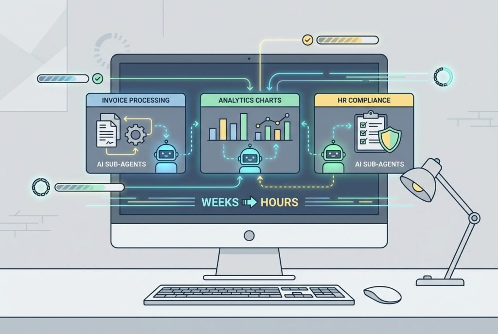 A widescreen monitor displaying an AI automation dashboard with interconnected panels for invoice processing, analytics, and HR compliance, surrounded by glowing data flow lines representing rapid enterprise workflow deployment.