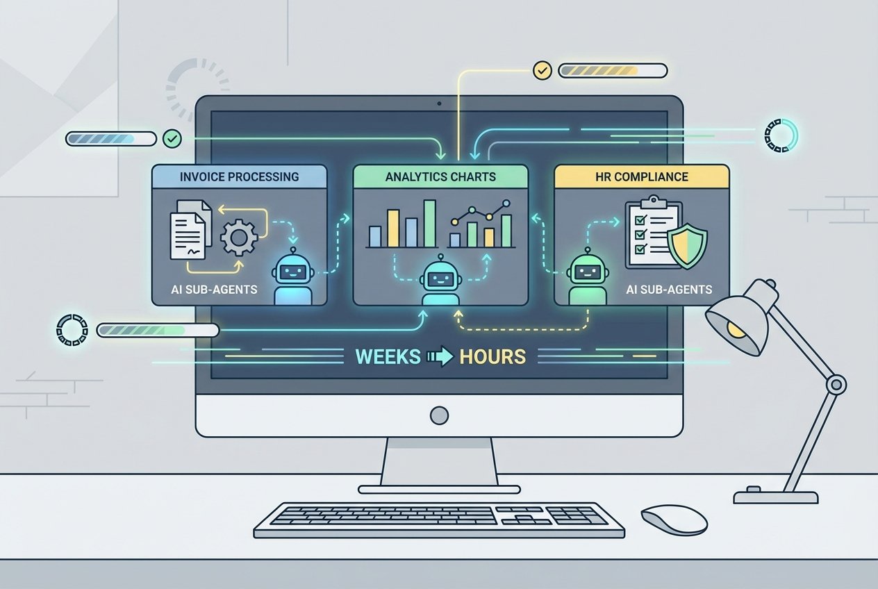 A widescreen monitor displaying an AI automation dashboard with interconnected panels for invoice processing, analytics, and HR compliance, surrounded by glowing data flow lines representing rapid enterprise workflow deployment.