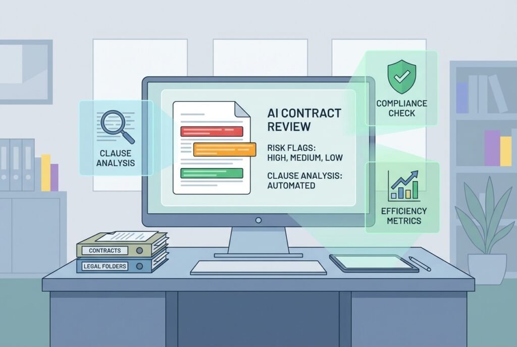 A modern solicitor's desk with a widescreen monitor displaying an AI contract review interface featuring colour-coded risk flags, clause analysis panels, and compliance metrics alongside stacked legal documents and folders.