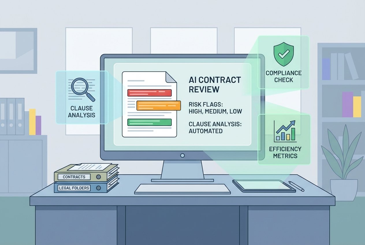 A modern solicitor's desk with a widescreen monitor displaying an AI contract review interface featuring colour-coded risk flags, clause analysis panels, and compliance metrics alongside stacked legal documents and folders.