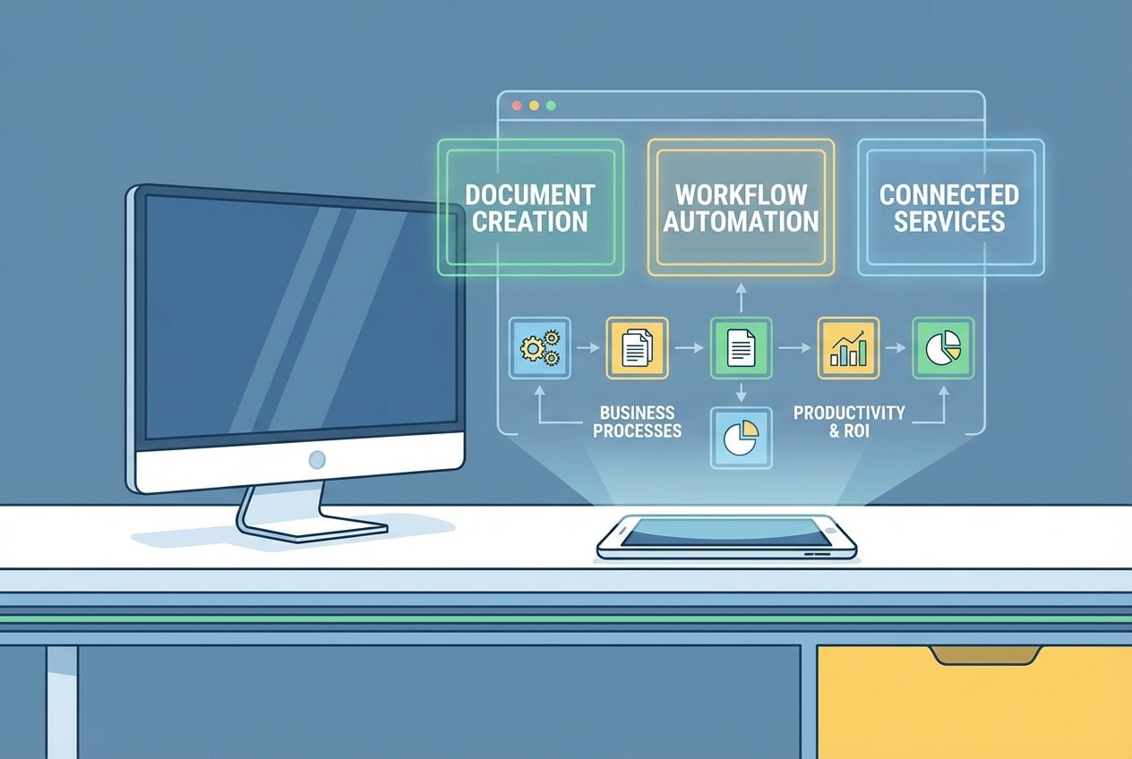 A futuristic digital workspace displaying glowing modular AI skill cards for document creation, workflow automation, and connected services, arranged above a holographic business dashboard with interconnected workflow pathways.