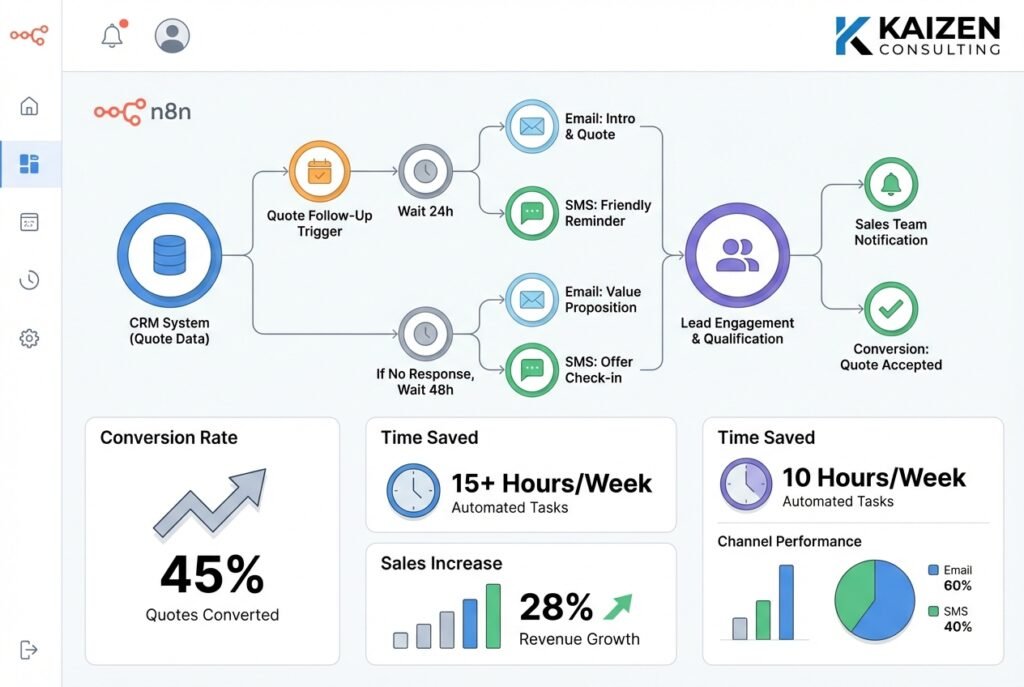 Digital automation dashboard showing n8n workflow nodes connected in a branching sequence with email, SMS, and CRM integration points, displaying automated quote follow-up system for UK trades businesses.