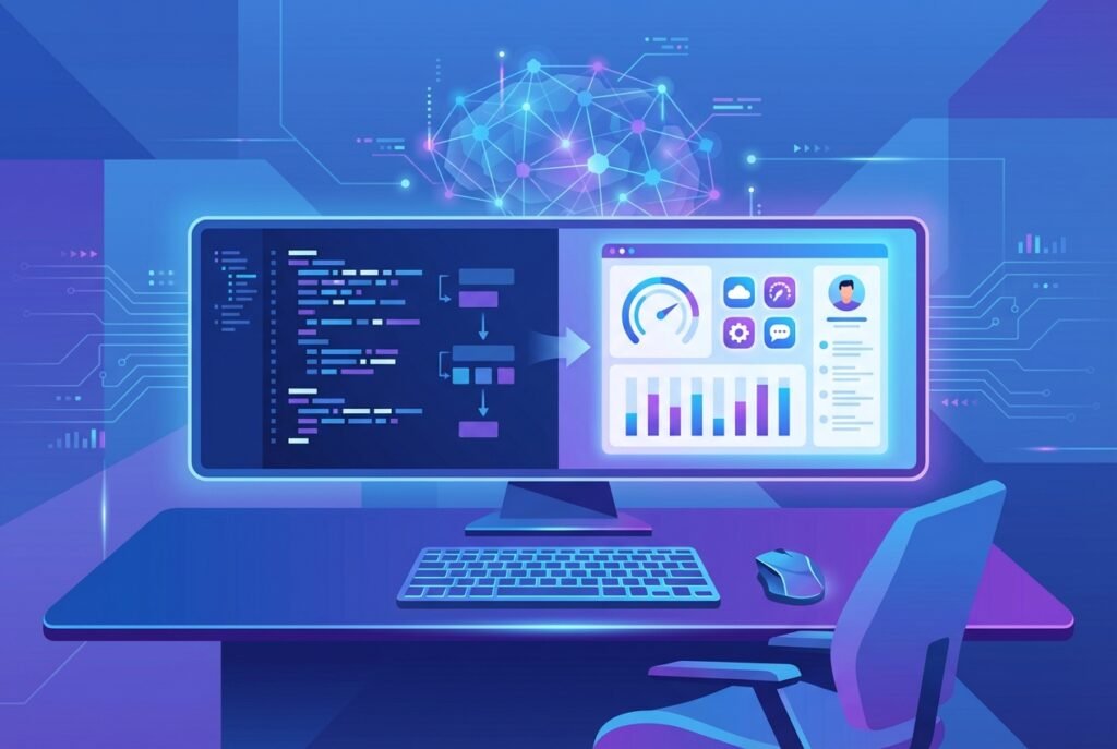 A modern developer workstation with a dual-screen monitor showing raw code transforming into a finished application interface, with an abstract glowing AI neural network visualization in the background rendered in blue and purple tones.