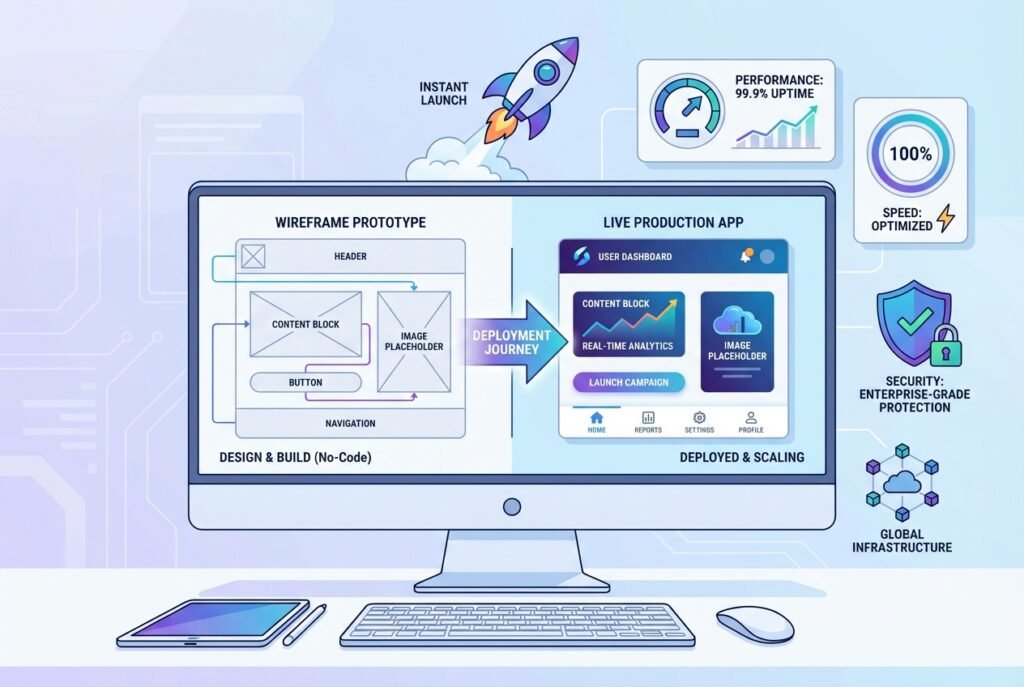 Split-screen digital workspace showing a wireframe app prototype on the left transforming into a polished production application on the right, surrounded by floating icons representing security shields, performance charts, and a rocket launch symbol against a blue and purple gradient background.