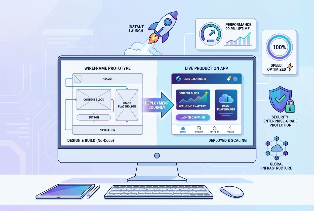 Split-screen digital workspace showing a wireframe app prototype on the left transforming into a polished production application on the right, surrounded by floating icons representing security shields, performance charts, and a rocket launch symbol against a blue and purple gradient background.