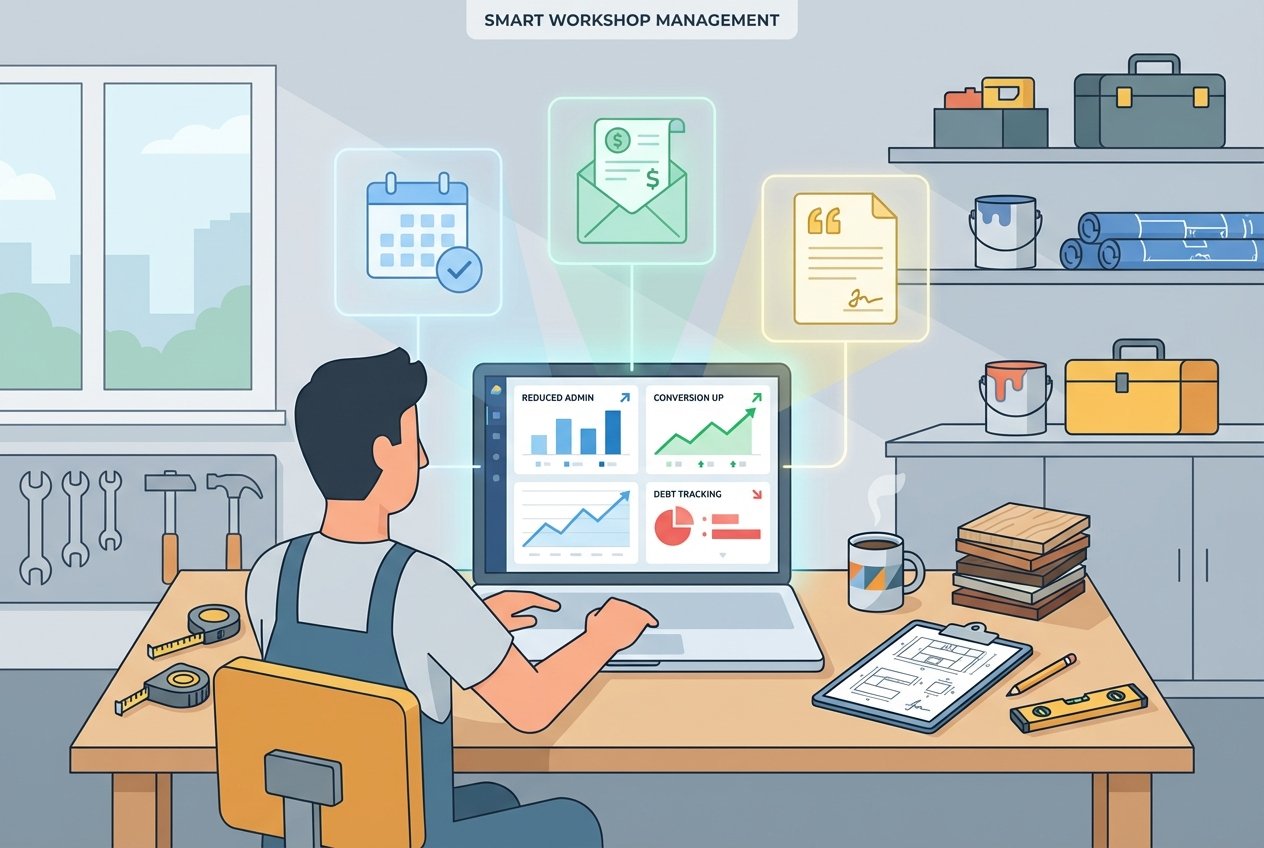 A kitchen fitter sitting at a workbench with a laptop displaying a colourful CRM dashboard featuring scheduling, quote generation, and payment tracking panels, surrounded by kitchen fitting tools and floating holographic workflow icons.