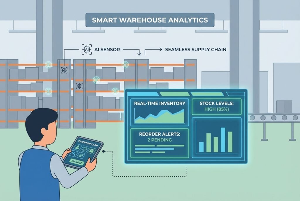 A warehouse professional holding a tablet displaying a custom inventory management app, with a large digital analytics dashboard showing real-time stock levels, reorder alerts, and supply chain metrics in a modern automated warehouse setting.