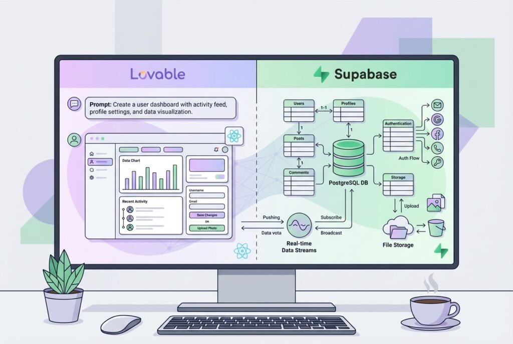 A laptop displaying a split-screen view of a chat-based app builder generating a React frontend on the left and a connected PostgreSQL database with authentication and real-time data icons on the right, set against a purple and green gradient background.