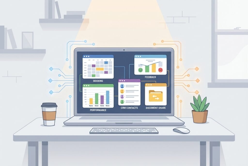Laptop on a minimalist desk displaying a mosaic of five no-code business app interfaces including a booking system, feedback portal, team dashboard, mini-CRM, and document sharing portal, with subtle glowing AI node graphics in the background.