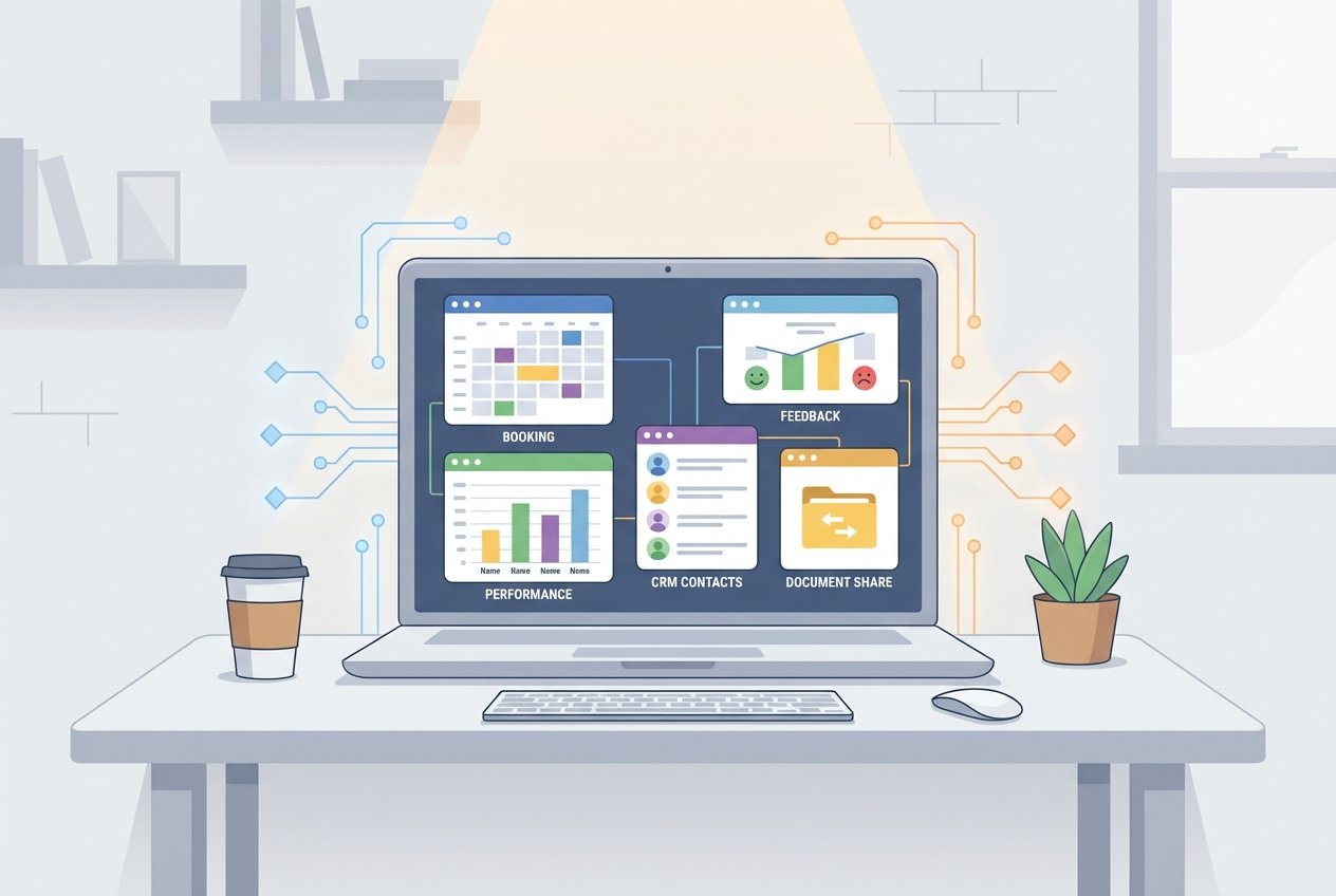 Laptop on a minimalist desk displaying a mosaic of five no-code business app interfaces including a booking system, feedback portal, team dashboard, mini-CRM, and document sharing portal, with subtle glowing AI node graphics in the background.