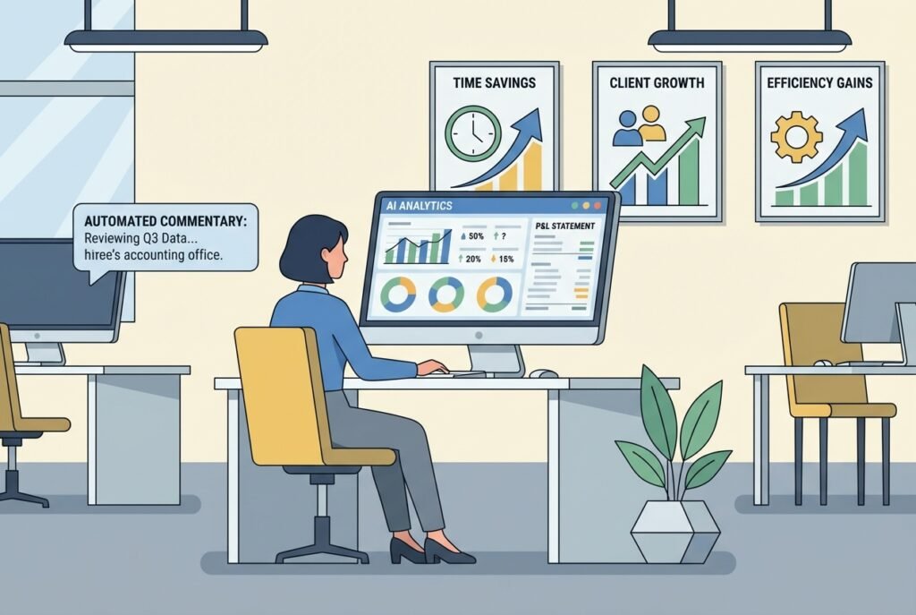 An accountant at a modern desk reviewing AI-generated financial reports on dual monitors, with one screen displaying a profit and loss dashboard and the other showing automated commentary text alongside bar charts illustrating 70 percent time savings and client growth metrics.