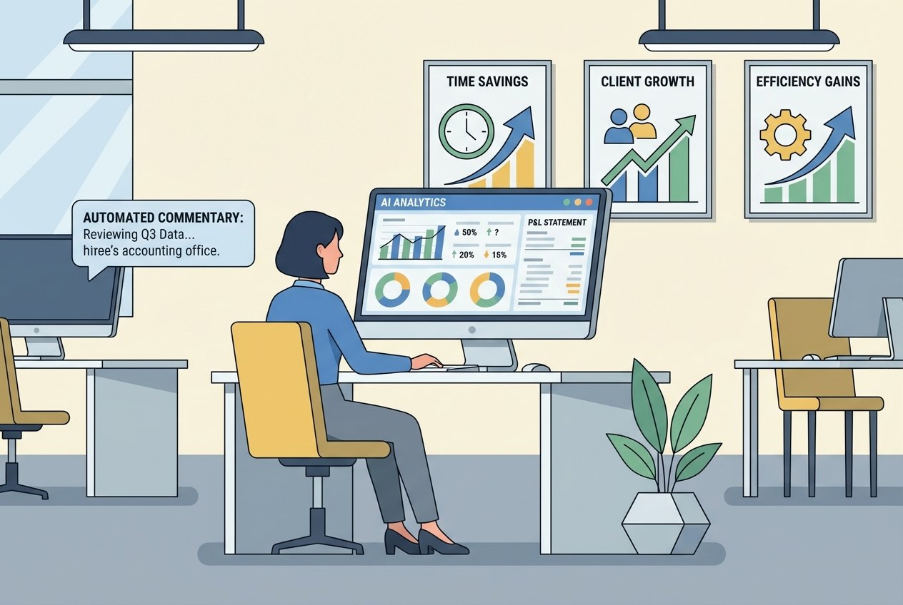 An accountant at a modern desk reviewing AI-generated financial reports on dual monitors, with one screen displaying a profit and loss dashboard and the other showing automated commentary text alongside bar charts illustrating 70 percent time savings and client growth metrics.