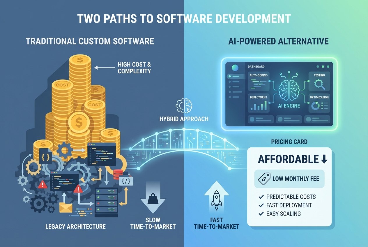 Split-screen digital illustration comparing expensive traditional custom software development with stacked gold coins and complex code on the left versus an affordable AI-powered app builder interface with a modern dashboard and simple pricing card on the right, connected by a bridge of glowing digital nodes.