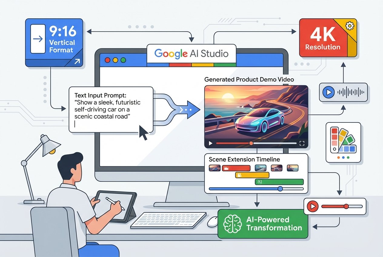 A digital workspace displaying Google AI Studio on a monitor generating a product demo video from a text prompt, surrounded by floating UI elements showing 9:16 vertical format, 4K upscaling badges, and scene extension timeline controls in Google brand colours.