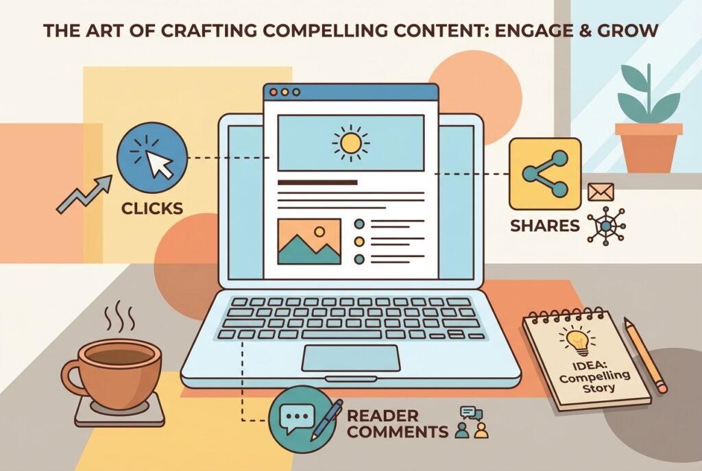 A modern laptop on a clean desk displaying a colorful blog post layout, surrounded by floating engagement icons like hearts, comment bubbles, and share arrows, with a coffee cup and notepad beside it.