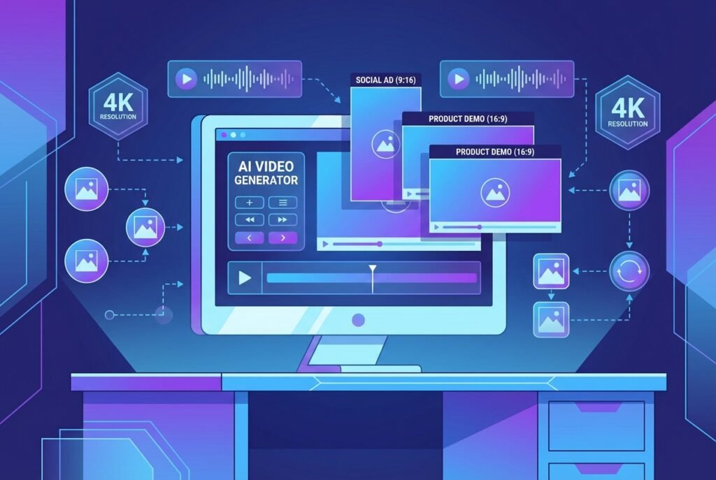 A modern desktop monitor displaying an AI video generation interface with multiple vertical and horizontal video previews, surrounded by glowing holographic icons representing 4K output, audio waveforms, and social media platform formats in blue and purple lighting.