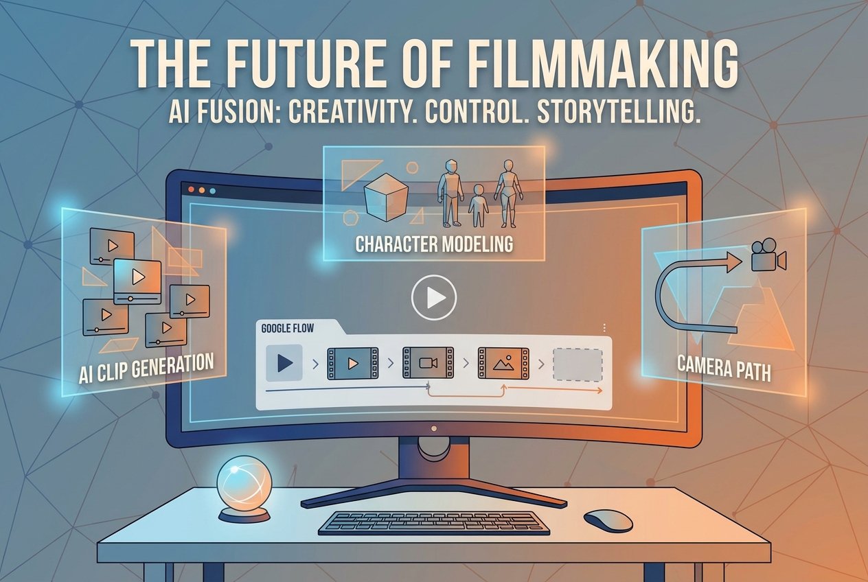 A futuristic digital workspace featuring a large monitor displaying the Google Flow video editing interface with AI-generated cinematic scenes, surrounded by floating holographic panels showing character models and camera path controls in a blue and orange lit environment.