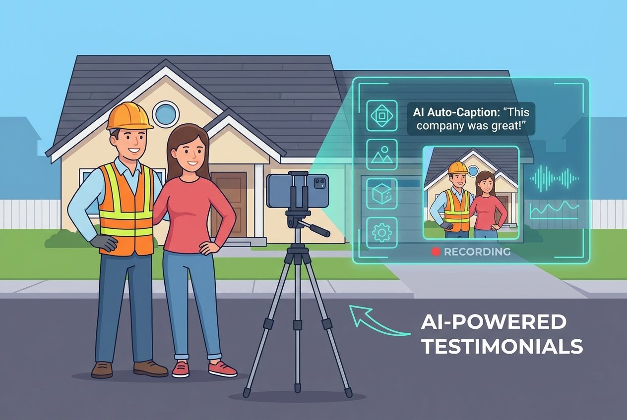 A roofing contractor and homeowner filming a testimonial video on a smartphone tripod in front of a finished roof, with an AI video editing interface overlay showing captions, waveforms, and a polished preview.