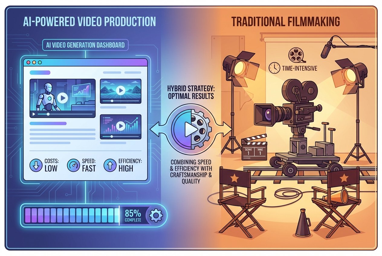 Split-screen image showing an AI video generation dashboard with cost metrics and rendered thumbnails on the left in blue-purple tones, and a traditional film production set with professional camera, studio lights, and director's chair on the right in warm lighting, merged by a gradient in the centre.