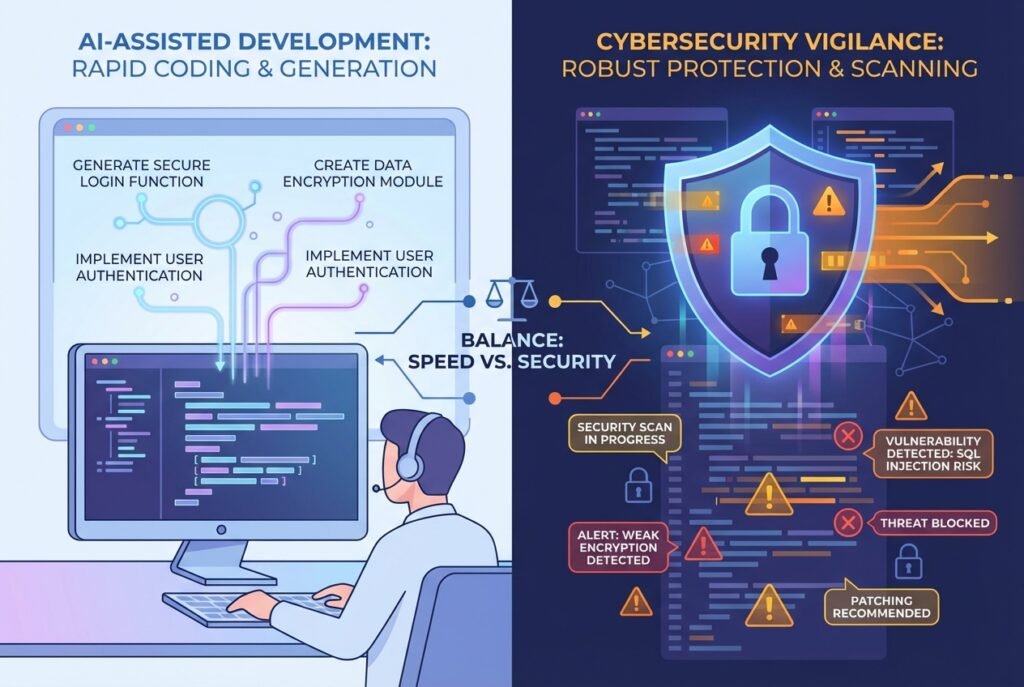 Split-screen digital illustration showing natural language prompts generating code on the left and a glowing cybersecurity shield with vulnerability scan indicators protecting the code on the right, set against a dark blue and purple futuristic workspace background.