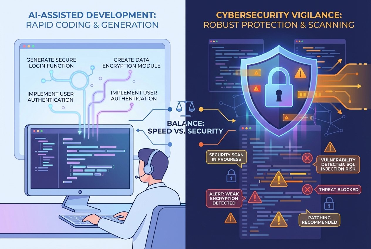 Split-screen digital illustration showing natural language prompts generating code on the left and a glowing cybersecurity shield with vulnerability scan indicators protecting the code on the right, set against a dark blue and purple futuristic workspace background.