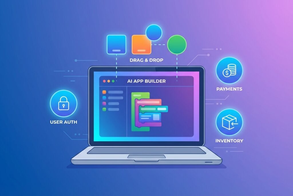 A laptop on a modern desk displaying a colourful no-code app builder interface with holographic icons for authentication, payments, and inventory floating above the screen against a blue-to-purple gradient background.