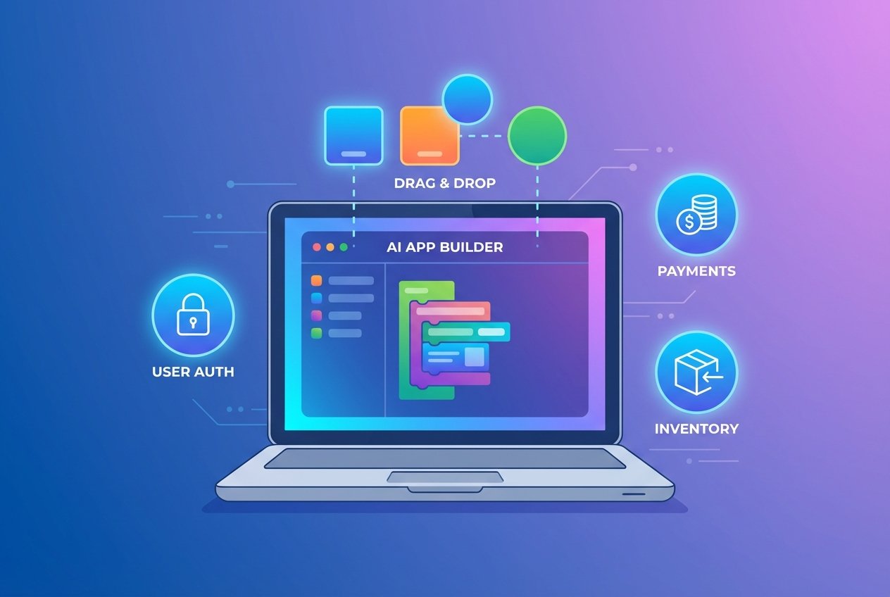 A laptop on a modern desk displaying a colourful no-code app builder interface with holographic icons for authentication, payments, and inventory floating above the screen against a blue-to-purple gradient background.