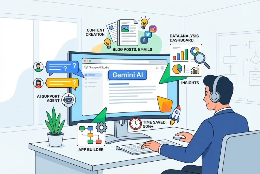 A professional interacting with the Google AI Studio browser interface on a desktop monitor, surrounded by floating icons of content creation tools, customer support chatbots, competitive analysis charts, and a vibe coding app builder, all set against a clean, modern office background with blue and white tones.