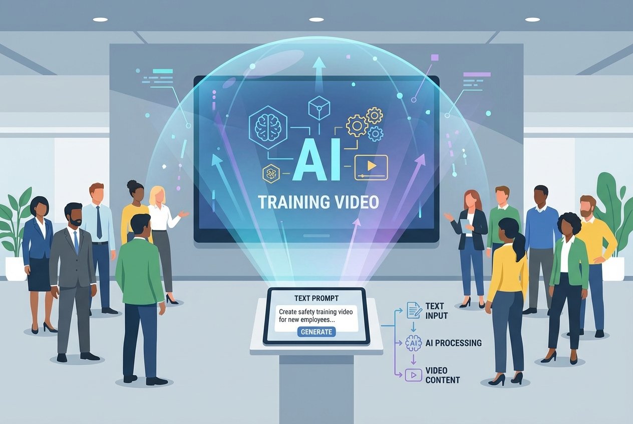 Diverse employees in a modern office watching an AI-generated training video on a large digital screen, with a glowing text prompt interface on a nearby tablet and holographic visual elements representing artificial intelligence video creation.
