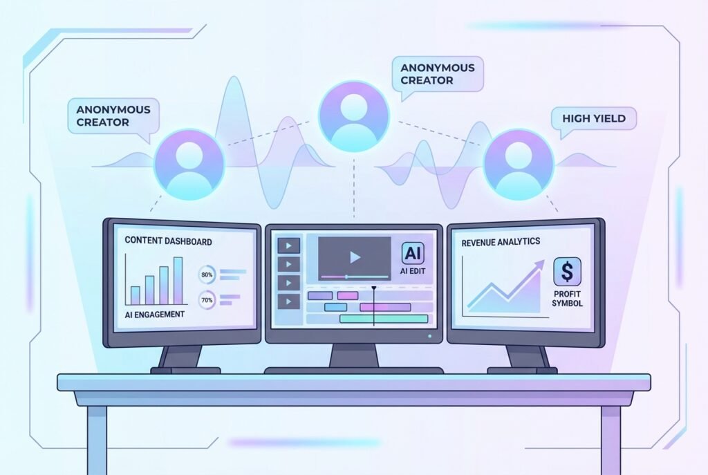 A futuristic digital workspace with multiple screens showing video editing timelines, AI content tools, and revenue analytics charts, illuminated by blue and purple neon lighting with holographic faceless avatar icons floating above the desk.