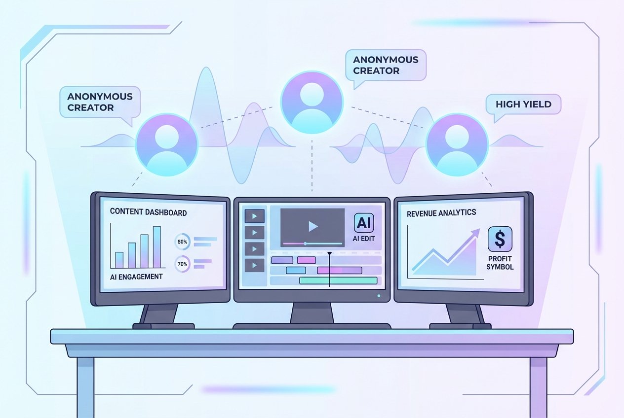 A futuristic digital workspace with multiple screens showing video editing timelines, AI content tools, and revenue analytics charts, illuminated by blue and purple neon lighting with holographic faceless avatar icons floating above the desk.