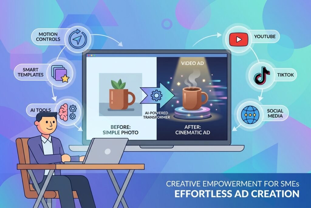 A small business owner at a laptop with an on-screen split view showing a product photo transforming into a cinematic video ad, surrounded by floating AI tool icons, motion control sliders, ad template thumbnails, and social media platform logos against a blue and purple gradient background.