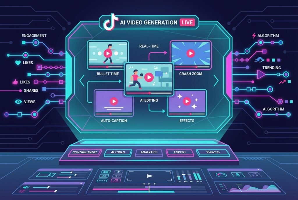 Futuristic neon-lit digital workspace showing holographic TikTok video panels with AI-generated cinematic camera movements, floating engagement analytics, and a glowing production dashboard in teal and magenta tones.
