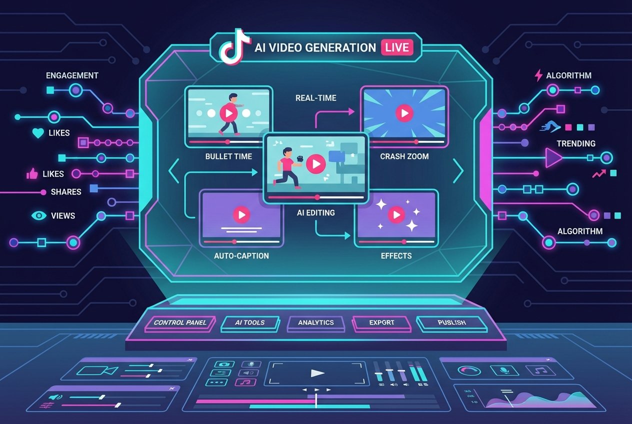 Futuristic neon-lit digital workspace showing holographic TikTok video panels with AI-generated cinematic camera movements, floating engagement analytics, and a glowing production dashboard in teal and magenta tones.