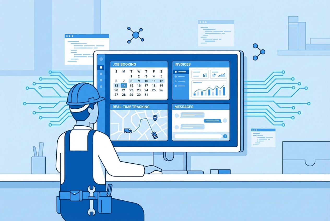 A trades professional viewing a modern customer portal dashboard on a desktop monitor, displaying job booking calendars, invoice management panels, real-time engineer tracking, and secure messaging features surrounded by glowing AI-inspired design elements.