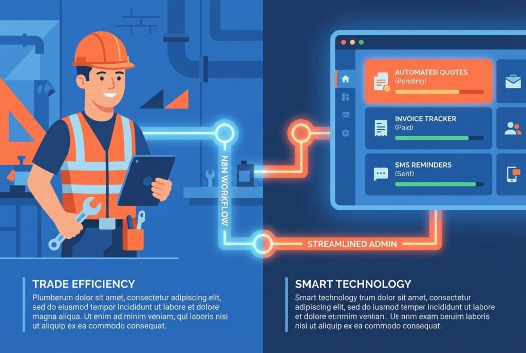 A plumber in uniform standing beside a glowing digital dashboard displaying automated workflow nodes, invoice tracking charts, SMS appointment reminders, and quote generation metrics in blue and orange tones.