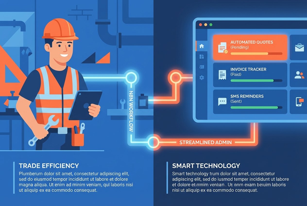 A plumber in uniform standing beside a glowing digital dashboard displaying automated workflow nodes, invoice tracking charts, SMS appointment reminders, and quote generation metrics in blue and orange tones.