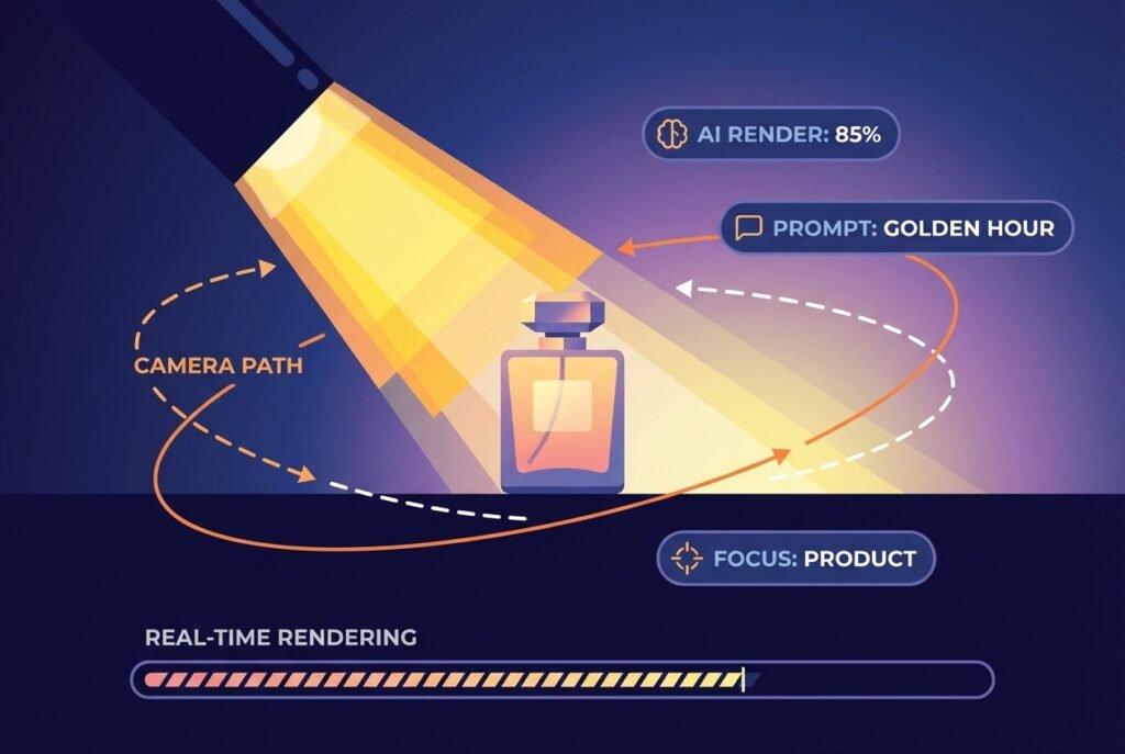 A futuristic AI video generation dashboard displaying a cinematic product video being rendered, featuring a luxury product illuminated by dynamic studio lighting with visible camera orbit paths, depth-of-field blur effects, and a dark high-tech interface in the background.