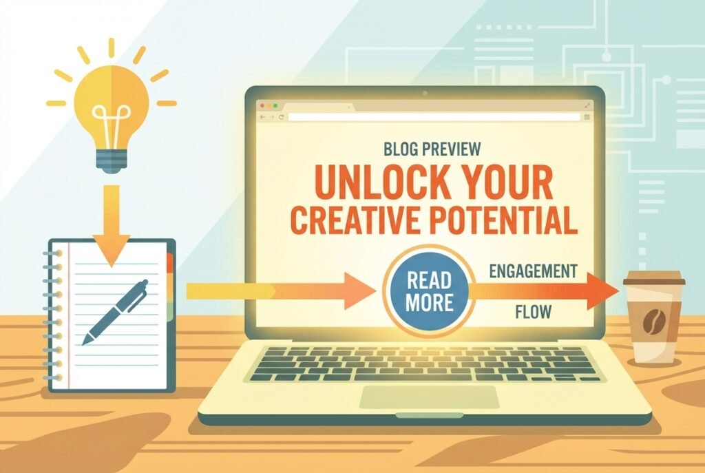 A glowing laptop screen displaying a blog article teaser with bold headline text and a 'Read More' button, surrounded by a notebook, pen, and a glowing lightbulb icon on a warm-toned creative workspace.