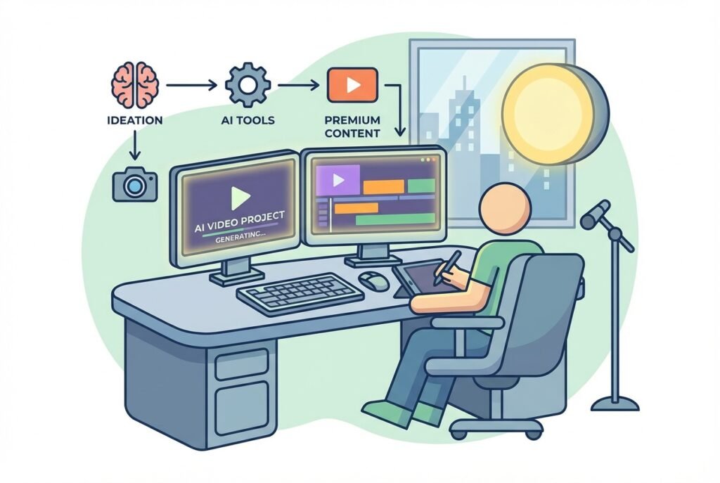 A freelancer sitting at a modern dual-monitor desk editing cinematic AI-generated video content, with colorful video timelines, dynamic visual effects, and soft studio lighting creating a professional and innovative creative atmosphere.
