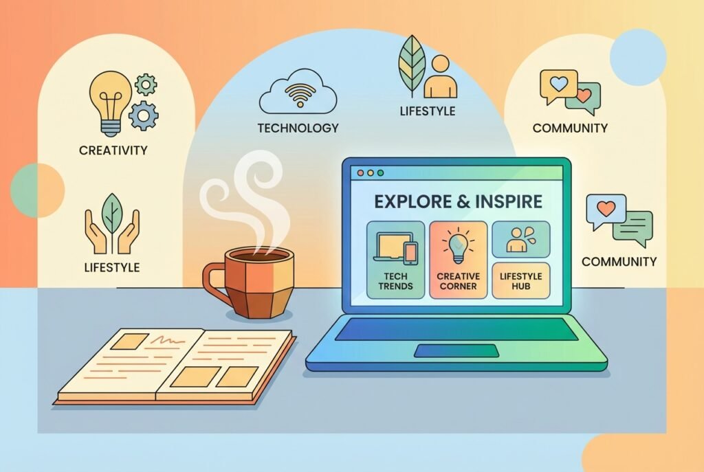 A modern desk setup with an open notebook, a cup of coffee, and a laptop displaying a colorful blog homepage, surrounded by icons representing diverse topics like technology, creativity, and lifestyle.