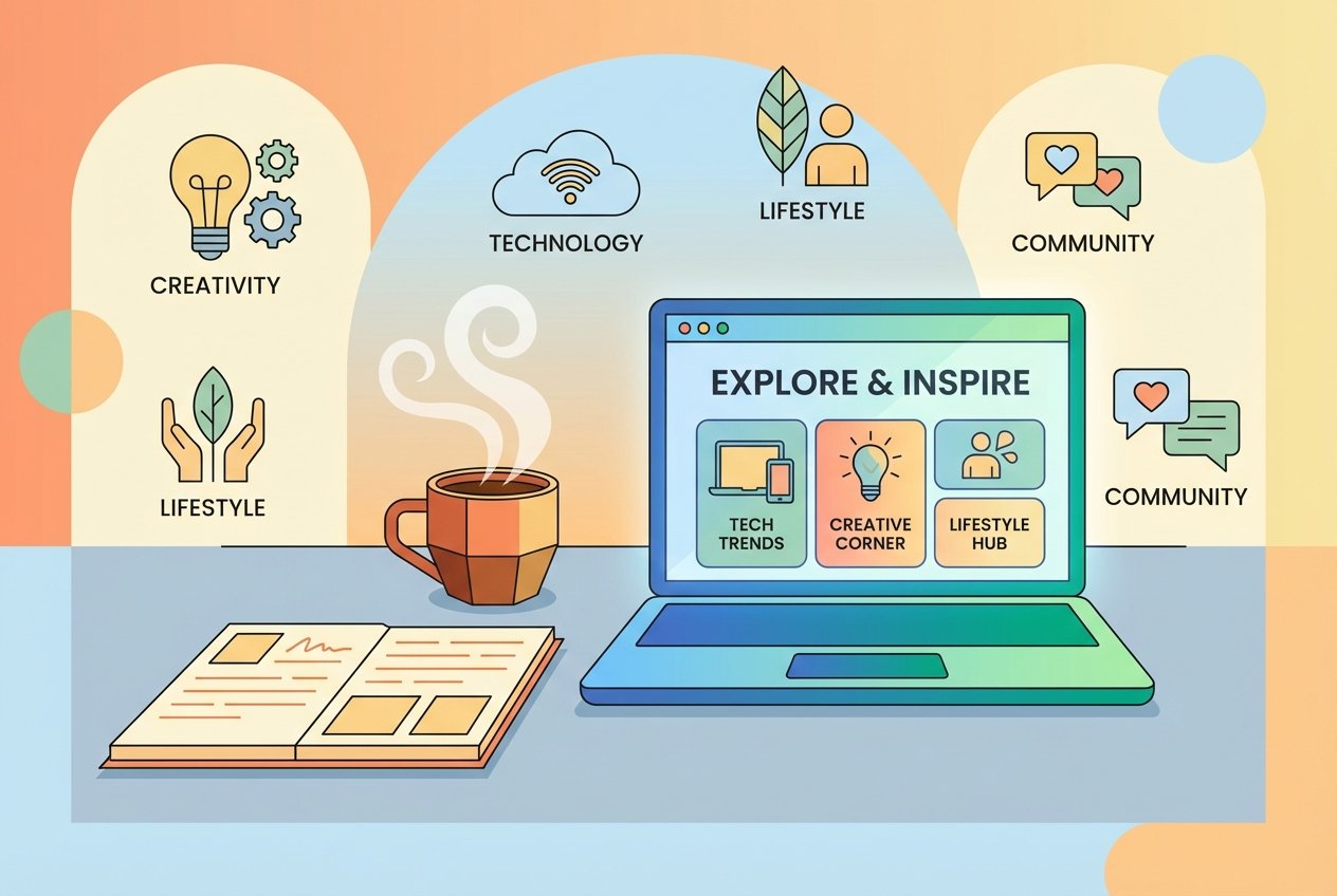 A modern desk setup with an open notebook, a cup of coffee, and a laptop displaying a colorful blog homepage, surrounded by icons representing diverse topics like technology, creativity, and lifestyle.