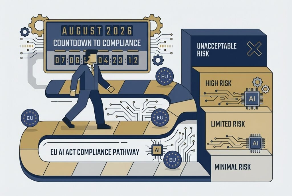 A businessperson walking along a glowing compliance roadmap featuring EU flag stars, AI circuit patterns, a four-tier risk pyramid, and a 2026 countdown clock displayed on a dark navy and gold digital background.