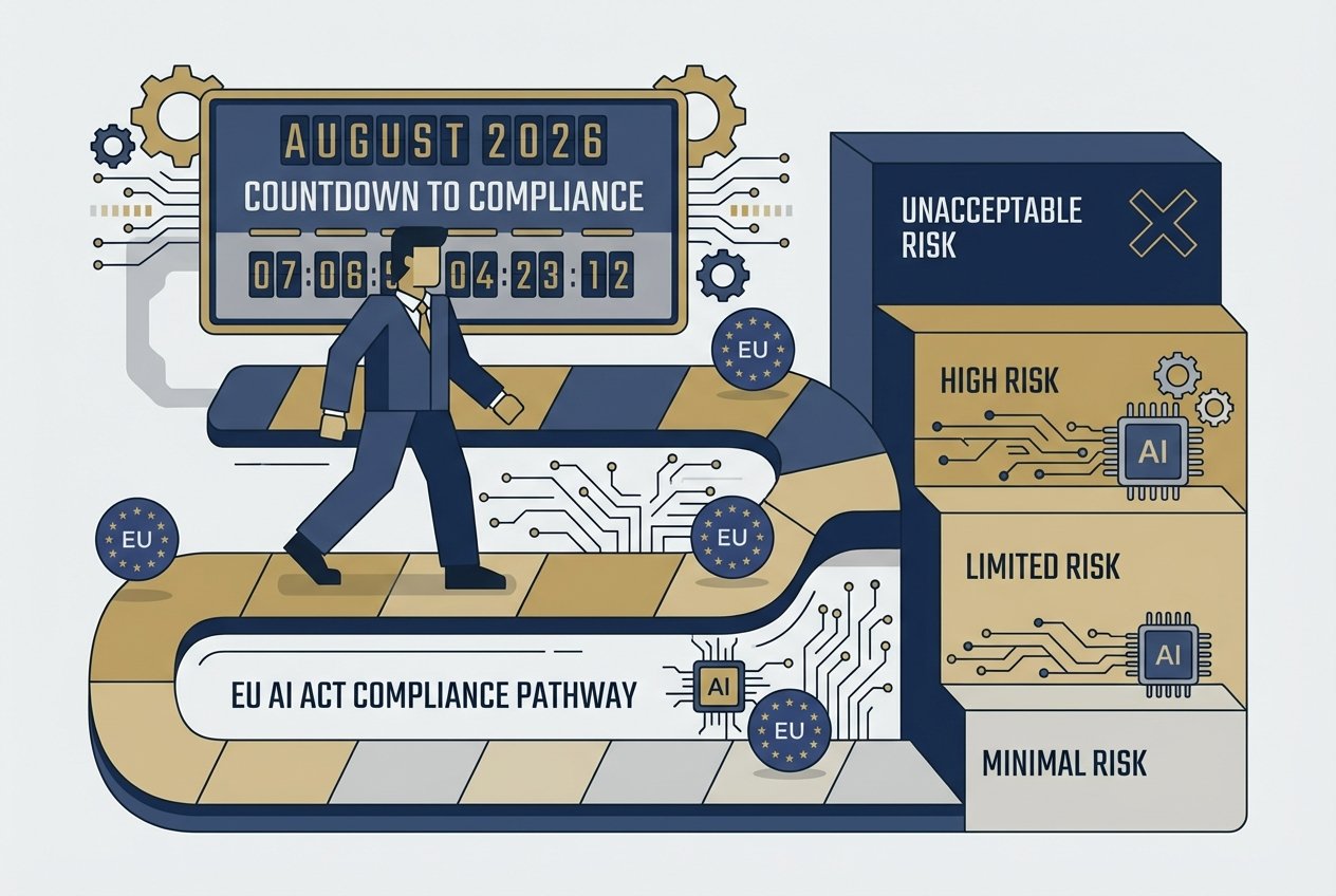 A businessperson walking along a glowing compliance roadmap featuring EU flag stars, AI circuit patterns, a four-tier risk pyramid, and a 2026 countdown clock displayed on a dark navy and gold digital background.