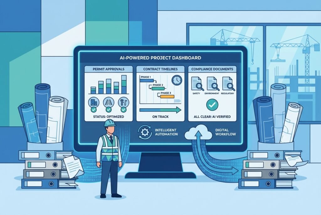 A construction professional in a hard hat reviewing an AI-powered document management dashboard on a large monitor, surrounded by blueprints and compliance folders in a modern site office.