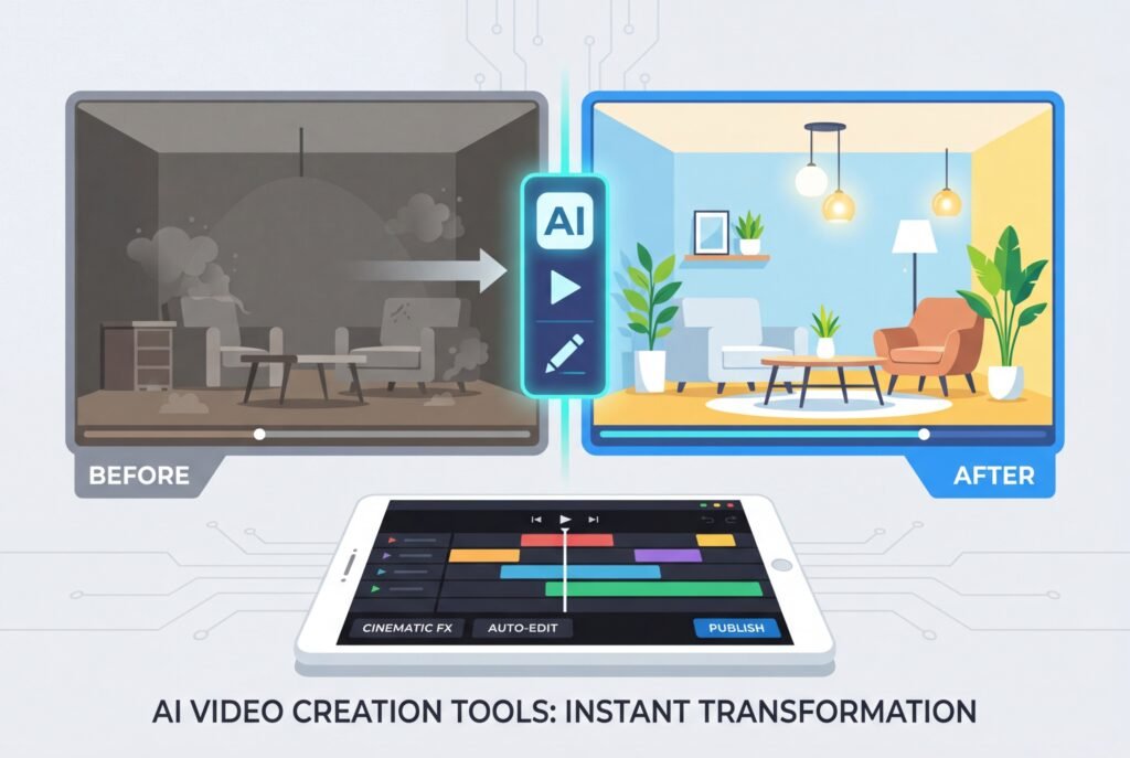 Split-screen image showing a before-and-after room transformation with a glowing AI video editing interface overlaid, featuring a tablet displaying a cinematic video timeline in the foreground against a bright, modern background.