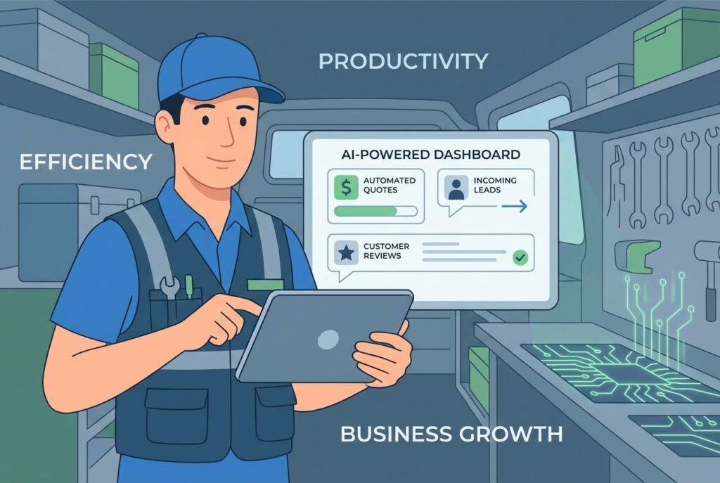 A male plumber in a blue uniform holding a tablet displaying an AI business dashboard with automated quotes, lead notifications, and customer review alerts, set against a workshop background.