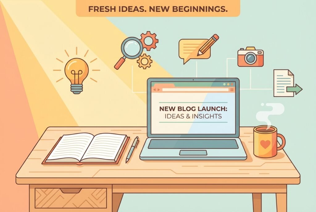 A modern workspace with a laptop, open notebook, a cup of coffee, and floating lightbulb icons on a softly lit desk, representing a welcoming and creative blog launch.