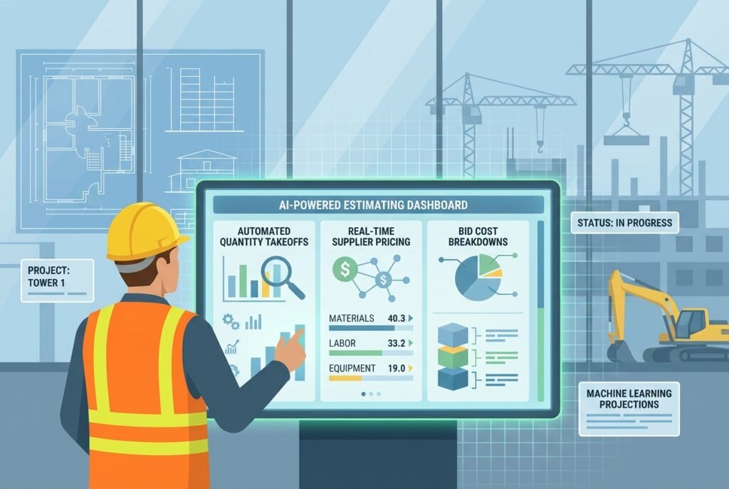 A construction professional in a hard hat and hi-vis vest interacts with an AI estimating software dashboard on a touchscreen monitor, showing automated quantity takeoffs, real-time pricing data, and bid cost charts with a construction site visible in the background.